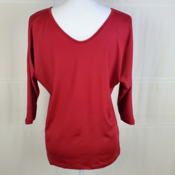 Red scoop neck pullover top faux button front L - Picture 2 of 7